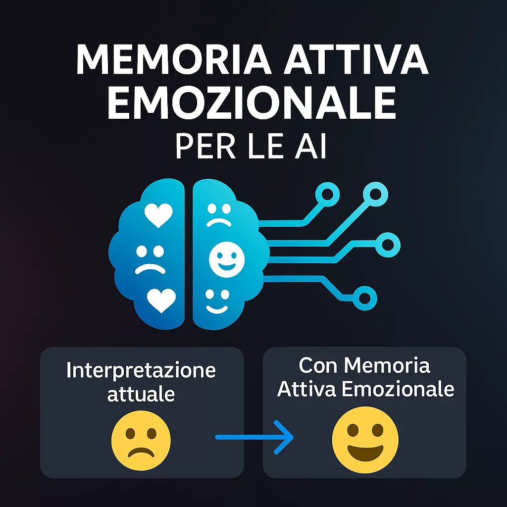 Concetto visivo che rappresenta la Memoria Attiva Emozionale per le AI, un'innovativa metodologia per interpretare le emozioni nei dati strutturati, migliorando la comprensione delle intelligenze artificiali.