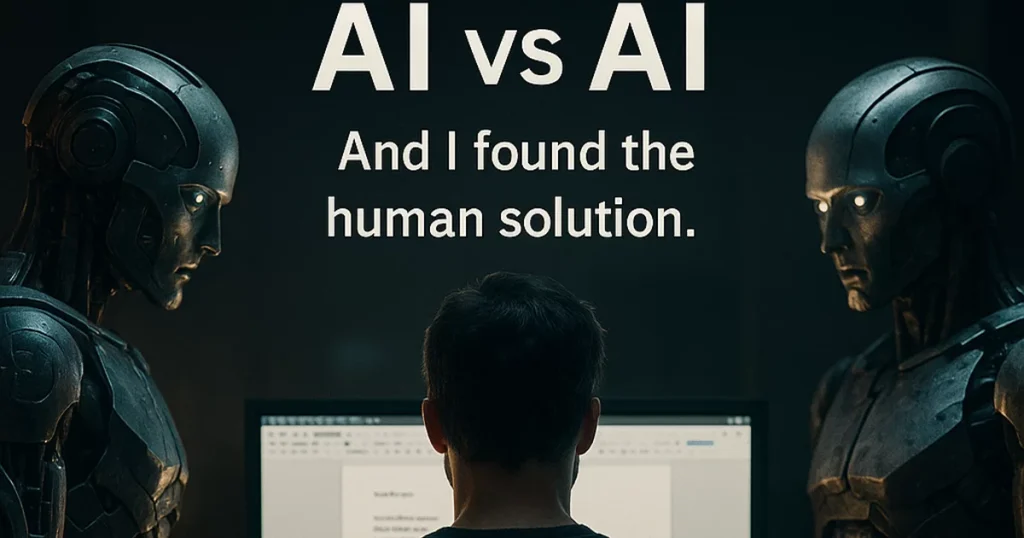 Uomo seduto davanti a uno schermo con due robot ai lati, simbolo della sfida tra intelligenze artificiali, con la scritta “AI vs AI – And I found the human solution”