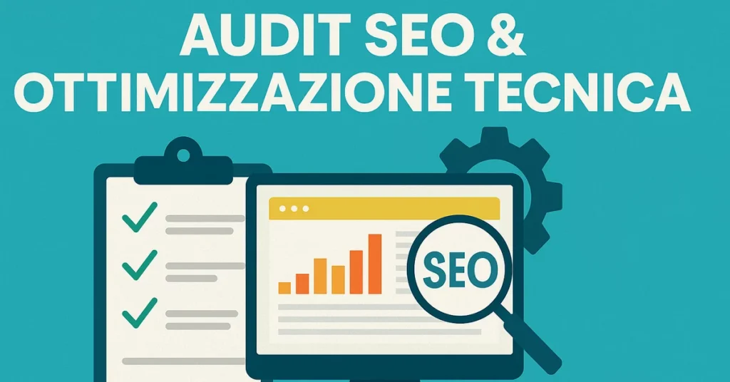 Grafica illustrata con checklist e grafico SEO, rappresenta il servizio di Audit SEO e Ottimizzazione Tecnica
