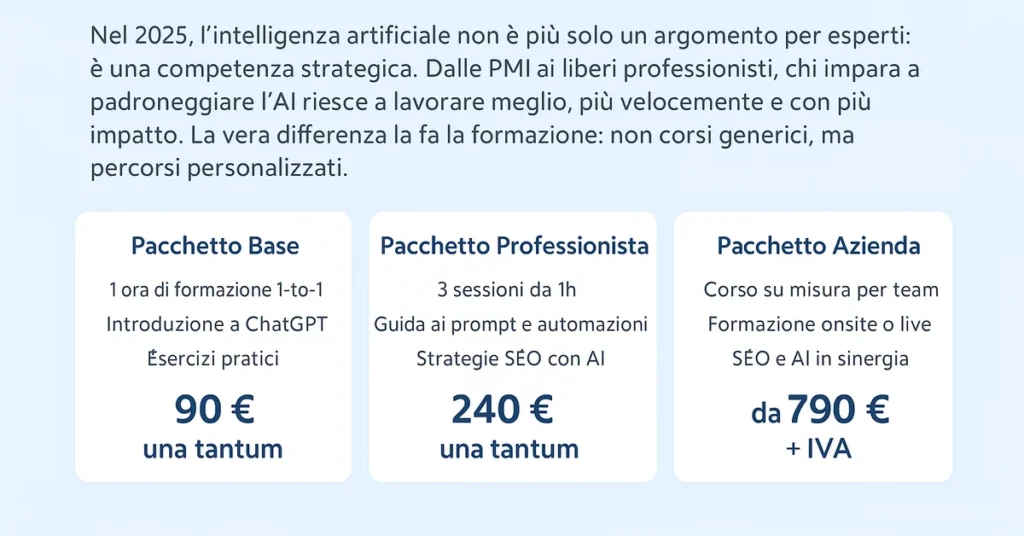Formazione Intelligenza Artificiale: pacchetti di corsi personalizzati per aziende, professionisti e PMI con prezzi da 90 € a 790 €