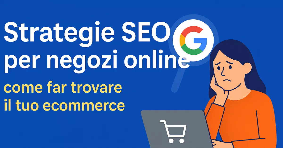 Strategie SEO per negozi online - come far trovare il tuo ecommerce su Google, grafica con donna preoccupata e icona del carrello