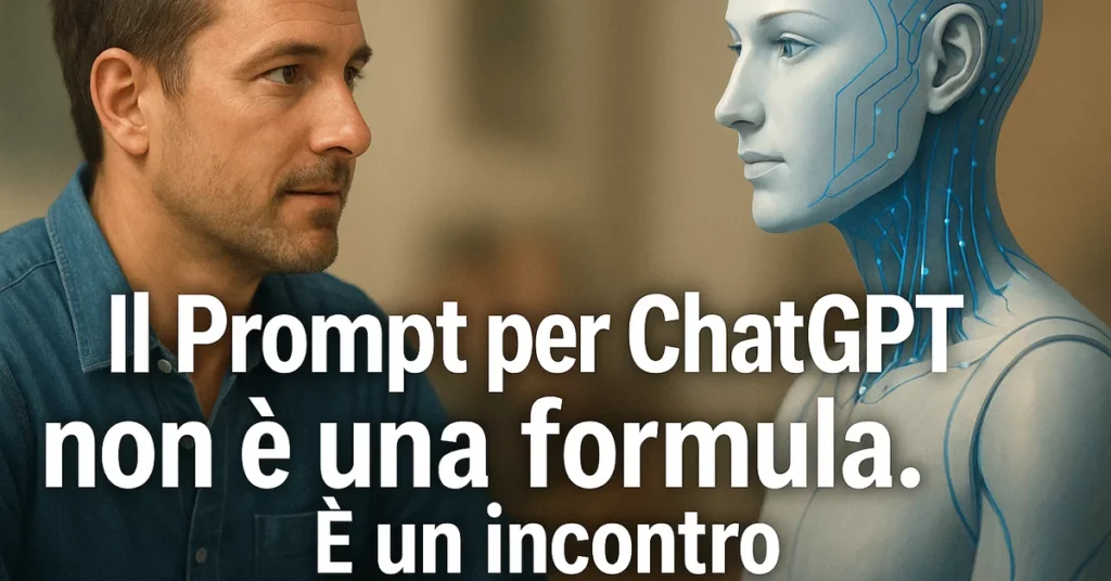Illustrazione digitale realistica che raffigura un uomo e una rappresentazione visiva dell’intelligenza artificiale, in un ambiente tecnologico blu, simbolo dell’incontro tra umanità e AI, il tutto arricchisce l'articolo dedicato al Prompt per chatgpt