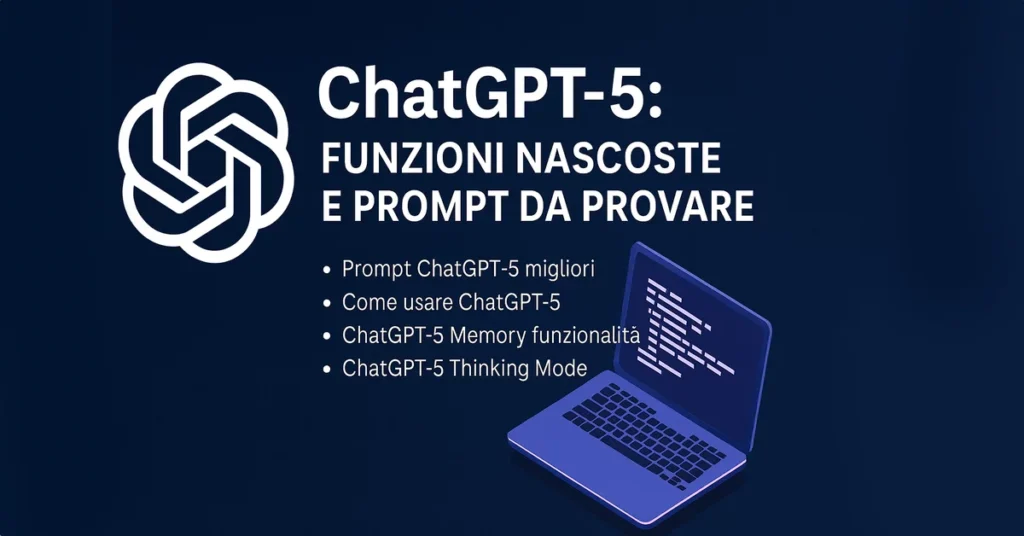 Illustrazione digitale futuristica con interfaccia AI e elementi tecnologici che rappresentano le funzioni nascoste di ChatGPT-5, inclusi Thinking Mode e Deep Research, con stile moderno e colori blu elettrico.