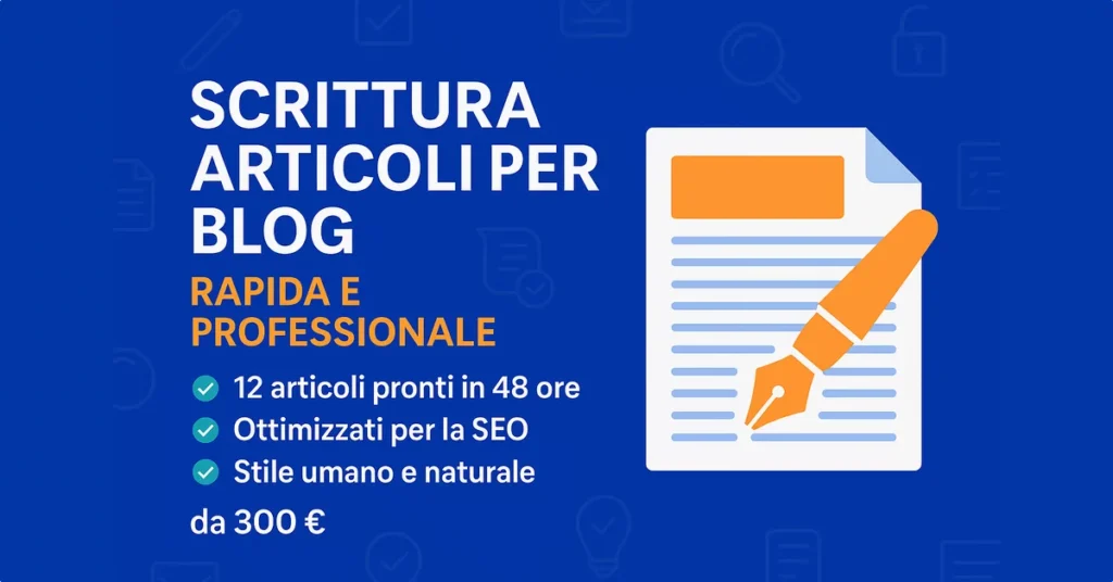 Grafica promozionale del servizio “Scrittura Articoli per Blog” con 12 post pronti in 48 ore, SEO-friendly e scritti con stile umano