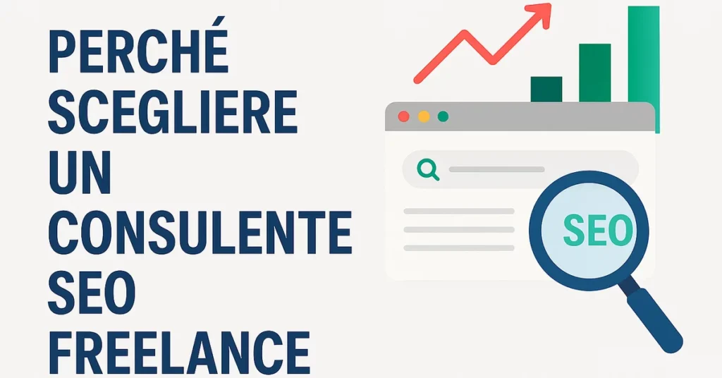 Copertina articolo: perché scegliere un consulente SEO freelance invece di un’agenzia, grafica con illustrazione professionale e testo su sfondo blu
