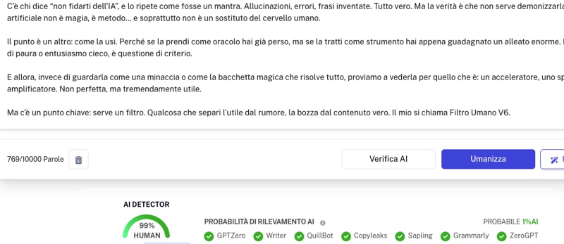 Verifica AI Detector TruthScan - 99% Human su articolo blog AI Umano V13